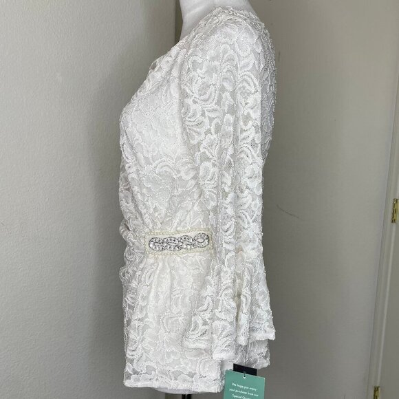 Scarlett Ivory Gold Lace Bell Sleeve Ruched Embellished Bead Accent Blouse Top M - Picture 4 of 9